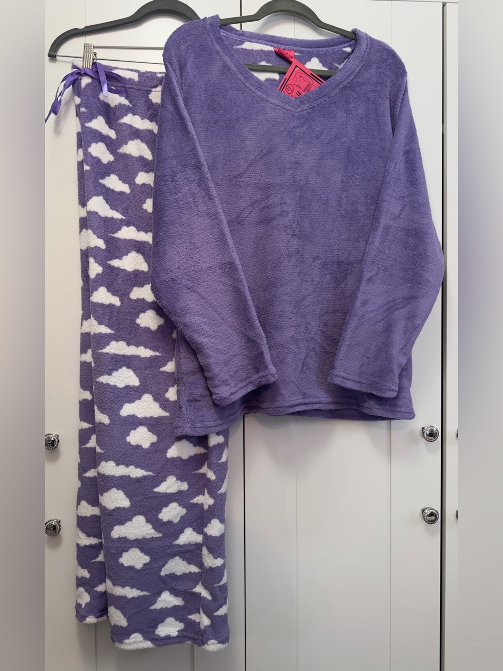 Fleece Pajama Set Purple Top With Purple and White Cloud Print Pants Sz XXL NEW!